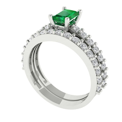 1.325 cttw Emerald Cut Simulated Emerald Bridal Set - Solid White Gold Engagement Ring & Wedding Band