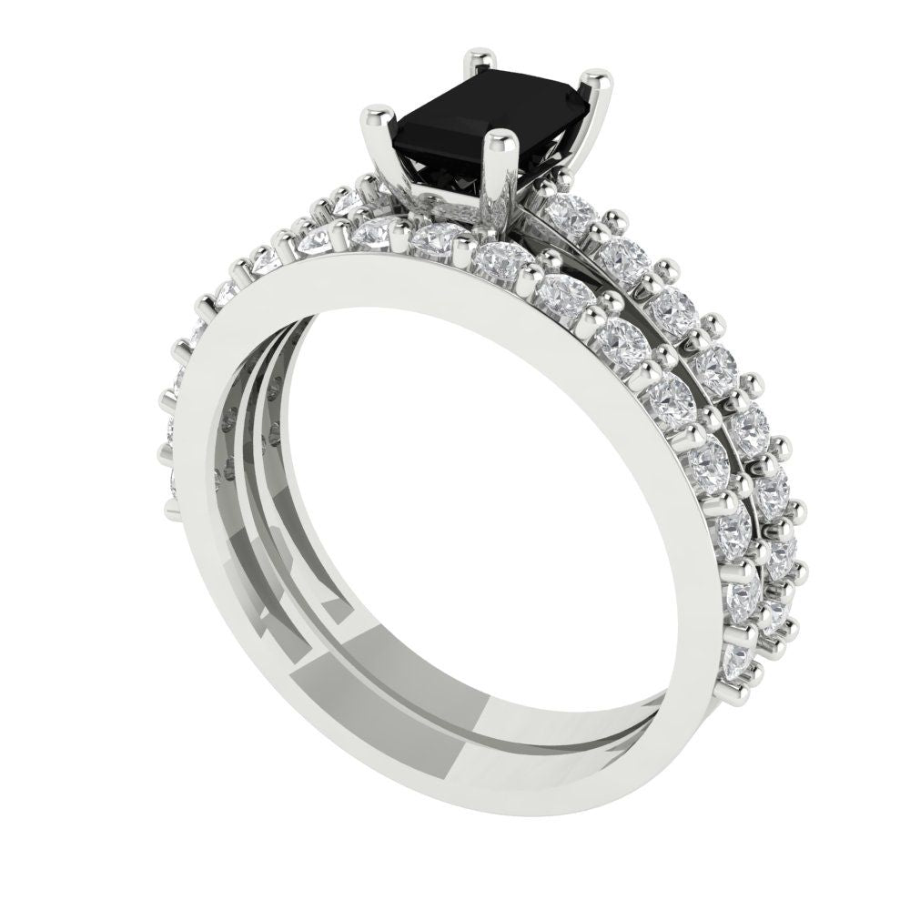 1.325 cttw Emerald Cut Natural Onyx Bridal Set - Solid White Gold Engagement Ring & Wedding Band