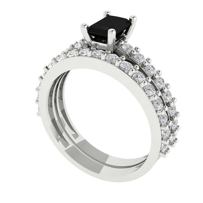 1.325 cttw Emerald Cut Natural Onyx Bridal Set - Solid White Gold Engagement Ring & Wedding Band