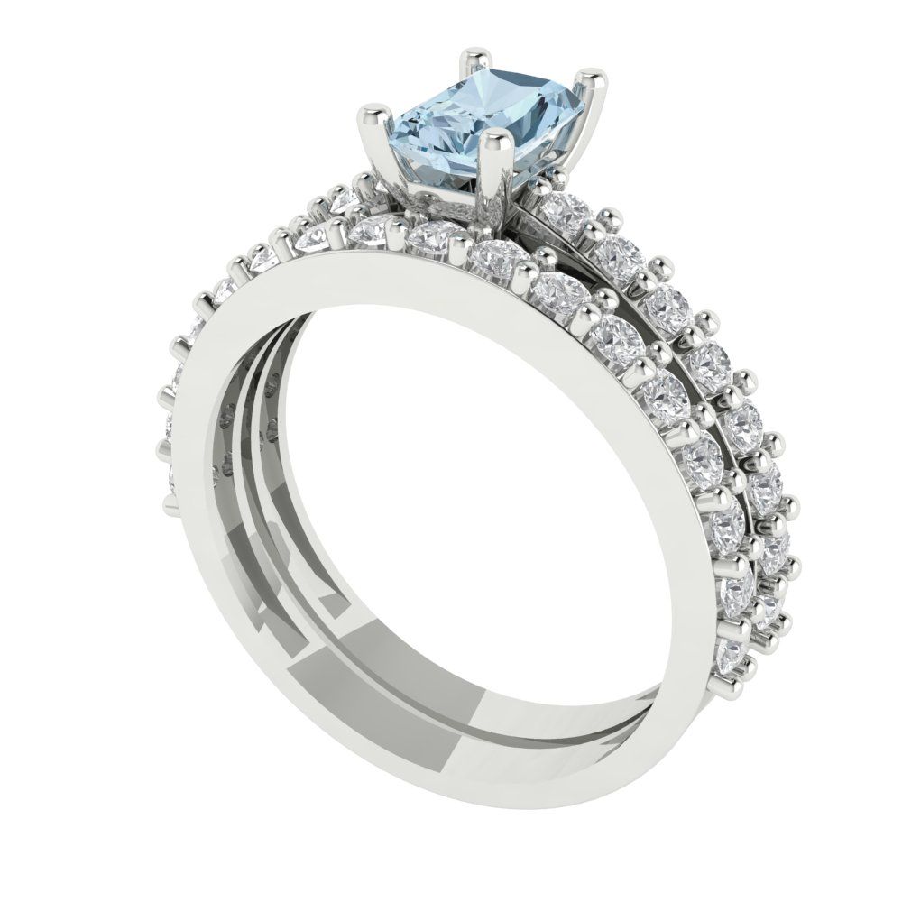 1.325 cttw Emerald Cut Natural Aquamarine Bridal Set - Solid White Gold Engagement Ring & Wedding Band