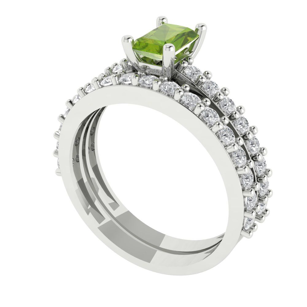 1.325 cttw Emerald Cut Natural Peridot Bridal Set - Solid White Gold Engagement Ring & Wedding Band