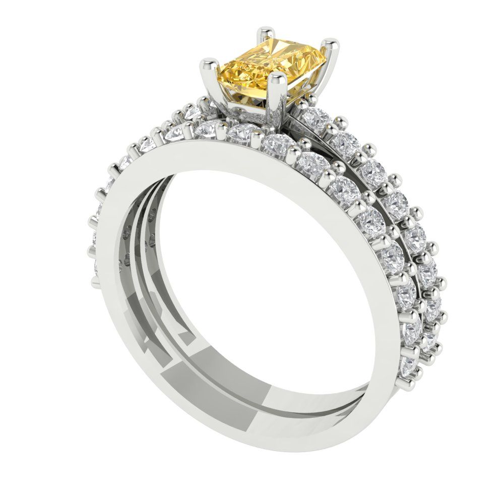 1.325 cttw Emerald Cut Simulated Yellow Diamond Bridal Set - Solid White Gold Engagement Ring & Wedding Band