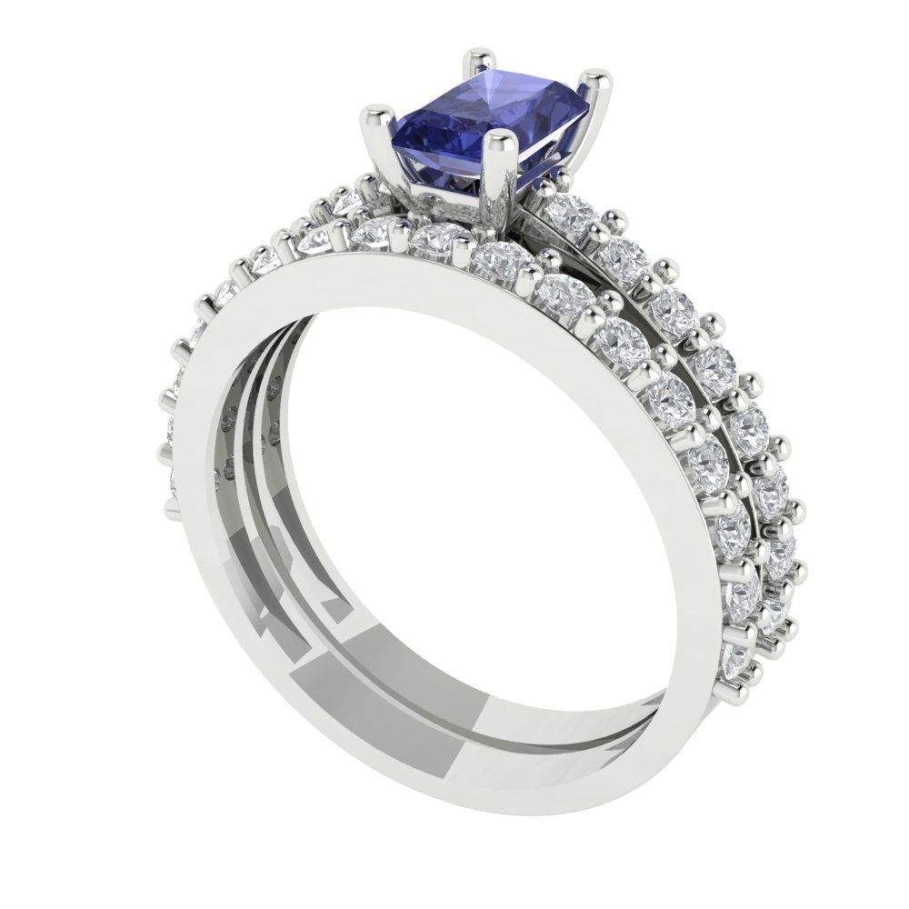 1.325 cttw Emerald Cut Simulated Tanzanite Bridal Set - Solid White Gold Engagement Ring & Wedding Band