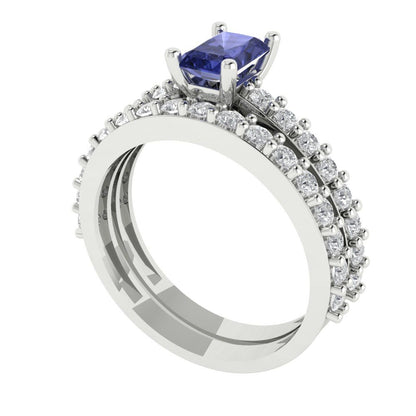 1.325 cttw Emerald Cut Simulated Tanzanite Bridal Set - Solid White Gold Engagement Ring & Wedding Band