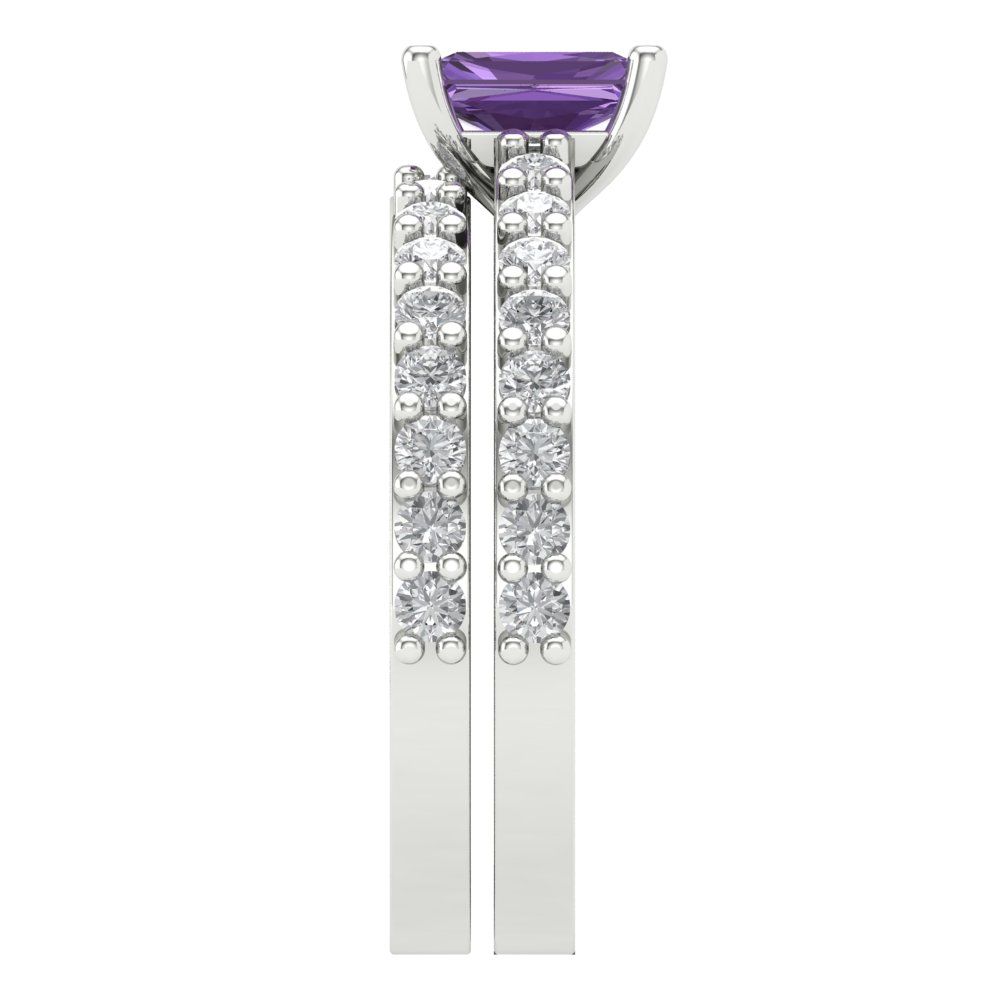 1.325 cttw Emerald Cut Simulated Alexandrite Bridal Set - Solid White Gold Engagement Ring & Wedding Band