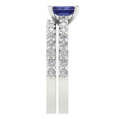 1.325 cttw Emerald Cut Simulated Tanzanite Bridal Set - Solid White Gold Engagement Ring & Wedding Band