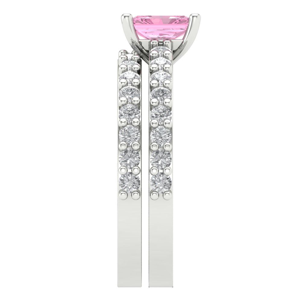 1.325 cttw Emerald Cut Simulated Pink Diamond Bridal Set - Solid White Gold Engagement Ring & Wedding Band