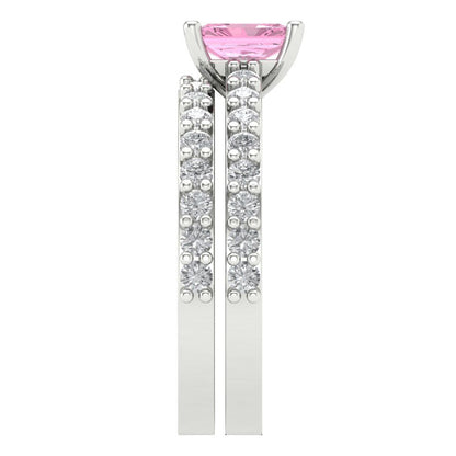 1.325 cttw Emerald Cut Simulated Pink Diamond Bridal Set - Solid White Gold Engagement Ring & Wedding Band