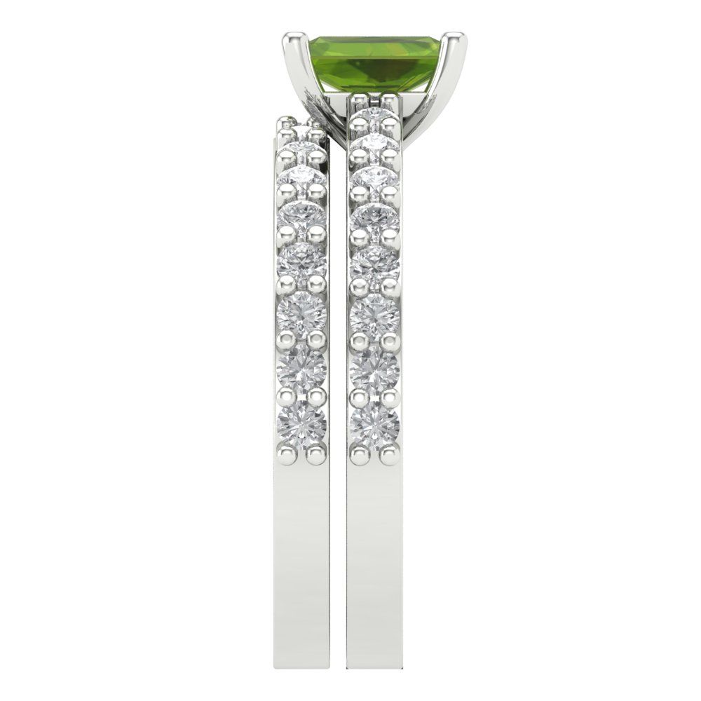 1.325 cttw Emerald Cut Natural Peridot Bridal Set - Solid White Gold Engagement Ring & Wedding Band