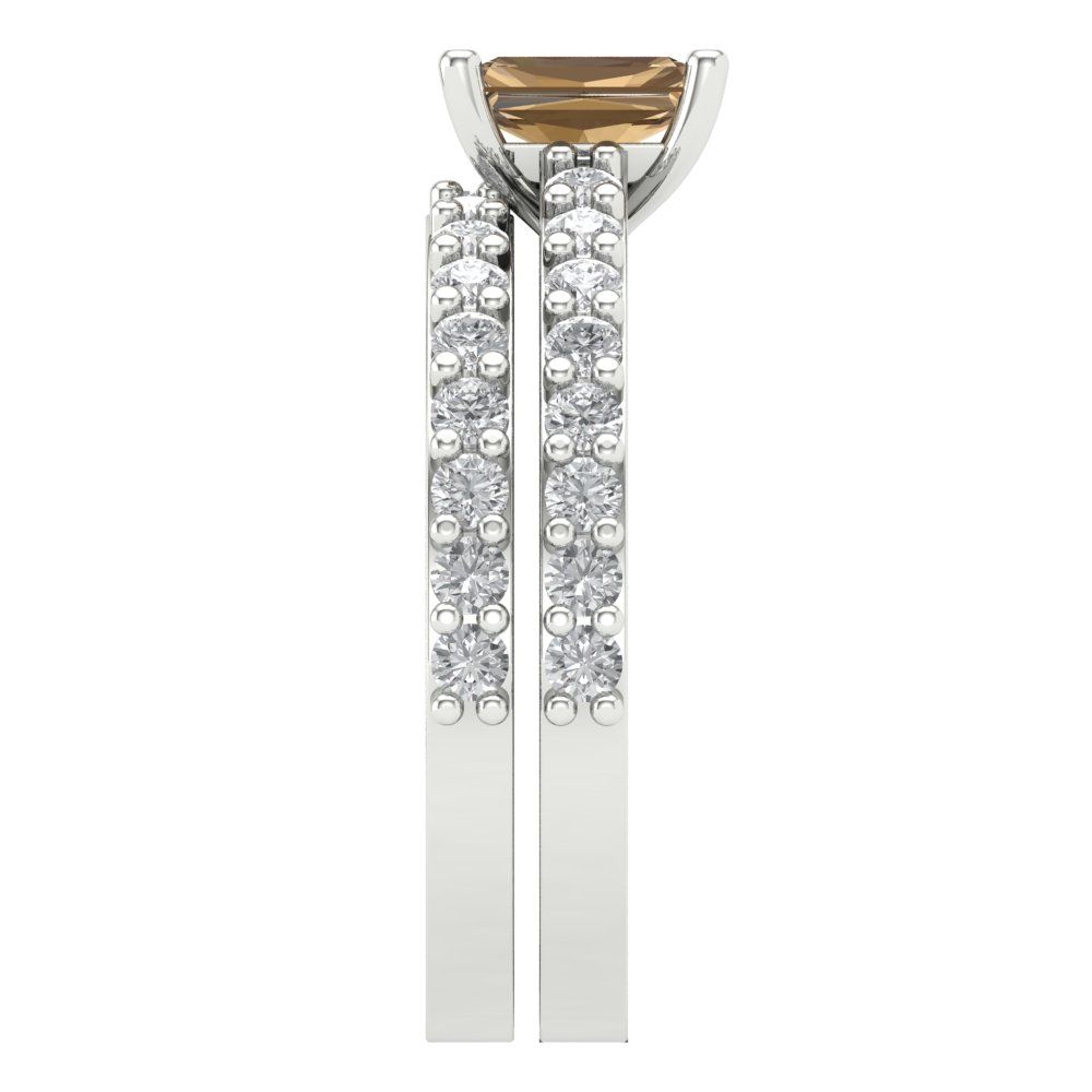1.325 cttw Emerald Cut Simulated Champagne Diamond Bridal Set - Solid White Gold Engagement Ring & Wedding Band
