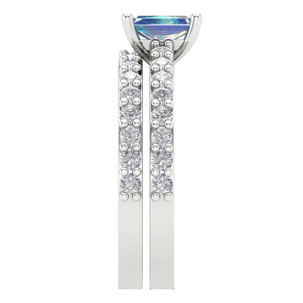 1.325 cttw Emerald Cut Blue Moissanite Bridal Set - Solid White Gold Engagement Ring & Wedding Band