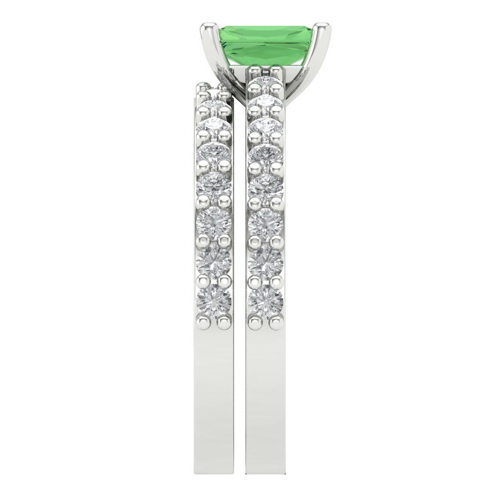 1.325 cttw Emerald Cut Simulated Green Diamond Bridal Set - Solid White Gold Engagement Ring & Wedding Band
