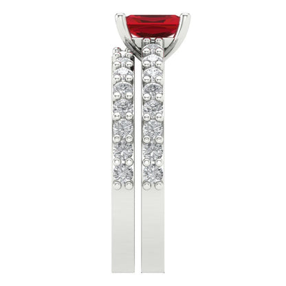 1.325 cttw Emerald Cut Simulated Ruby Bridal Set - Solid White Gold Engagement Ring & Wedding Band