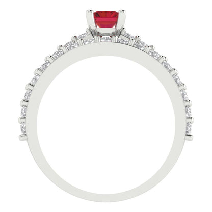 1.325 cttw Emerald Cut Simulated Ruby Bridal Set - Solid White Gold Engagement Ring & Wedding Band