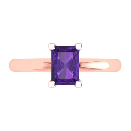 1 cttw Natural Amethyst Solitaire  Engagement Ring - Solid Rose Gold (VVS1, Emerald Cut,7X5mm)