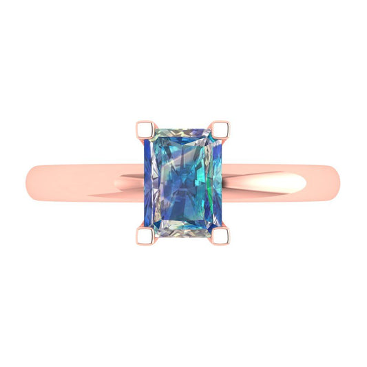 1 cttw Blue Moissanite Solitaire  Engagement Ring - Solid Rose Gold (VVS1, Emerald Cut,7X5mm)