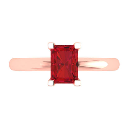1 cttw Simulated Ruby Solitaire  Engagement Ring - Solid Rose Gold (VVS1, Emerald Cut,7X5mm)