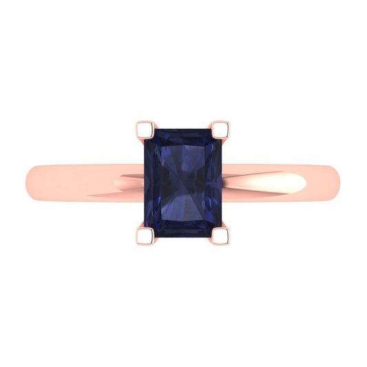 1 cttw Simulated Blue Sapphire Solitaire  Engagement Ring - Solid Rose Gold (VVS1, Emerald Cut,7X5mm)