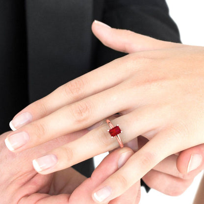 1 cttw Simulated Ruby Solitaire  Engagement Ring - Solid Rose Gold (VVS1, Emerald Cut,7X5mm)