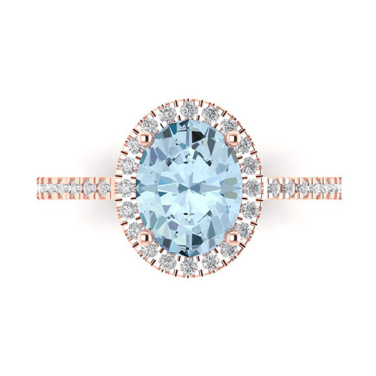 2.27 cttw Natural Aquamarine Solitaire with Zirconia Simulated Diamond Accents Engagement Ring - Solid Rose Gold (VVS1, Oval Cut,9X7mm)