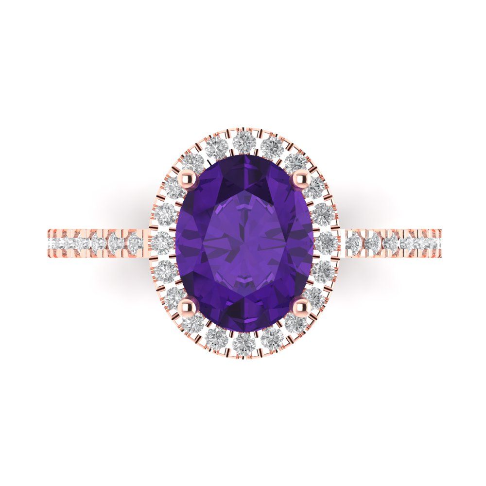 2.27 cttw Natural Amethyst Solitaire with Zirconia Simulated Diamond Accents Engagement Ring - Solid Gold (Oval Cut,9X7mm)