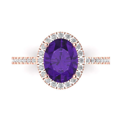 2.27 cttw Natural Amethyst Solitaire with Zirconia Simulated Diamond Accents Engagement Ring - Solid Gold (Oval Cut,9X7mm)