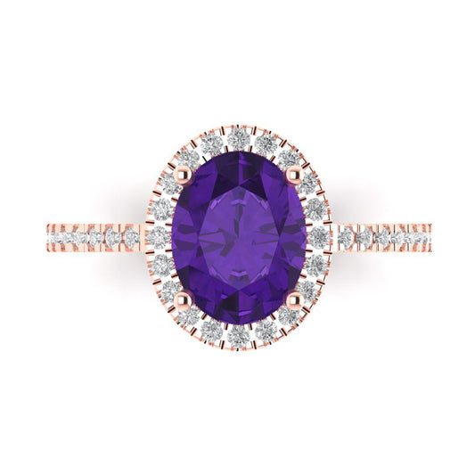 2.27 cttw Natural Amethyst Solitaire with Zirconia Simulated Diamond Accents Engagement Ring - Solid Rose Gold (VVS1, Oval Cut,9X7mm)