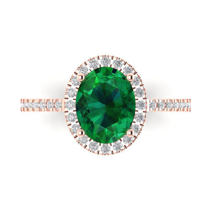 2.27 cttw Simulated Emerald Solitaire with Zirconia Simulated Diamond Accents Engagement Ring - Solid Gold (Oval Cut,9X7mm)