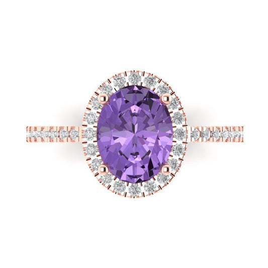 2.27 cttw Simulated Alexandrite Solitaire with Zirconia Simulated Diamond Accents Engagement Ring - Solid Rose Gold (VVS1, Oval Cut,9X7mm)