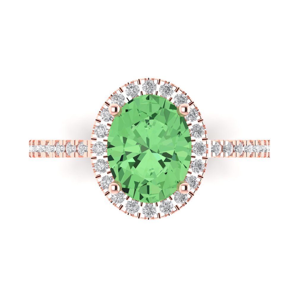 2.27 cttw Zirconia Simulated Green Diamond Solitaire with Zirconia Simulated Diamond Accents Engagement Ring - Solid Gold (VVS1, Oval Cut,9X7mm)