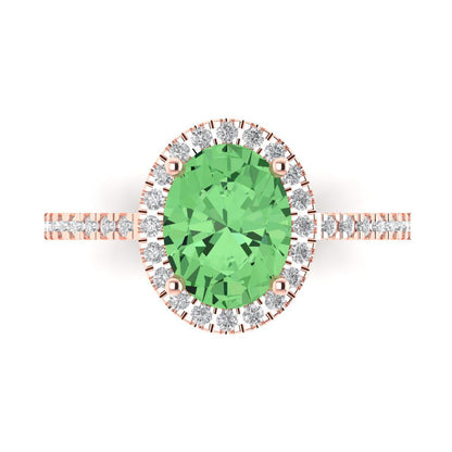 2.27 cttw Zirconia Simulated Green Diamond Solitaire with Zirconia Simulated Diamond Accents Engagement Ring - Solid Gold (VVS1, Oval Cut,9X7mm)
