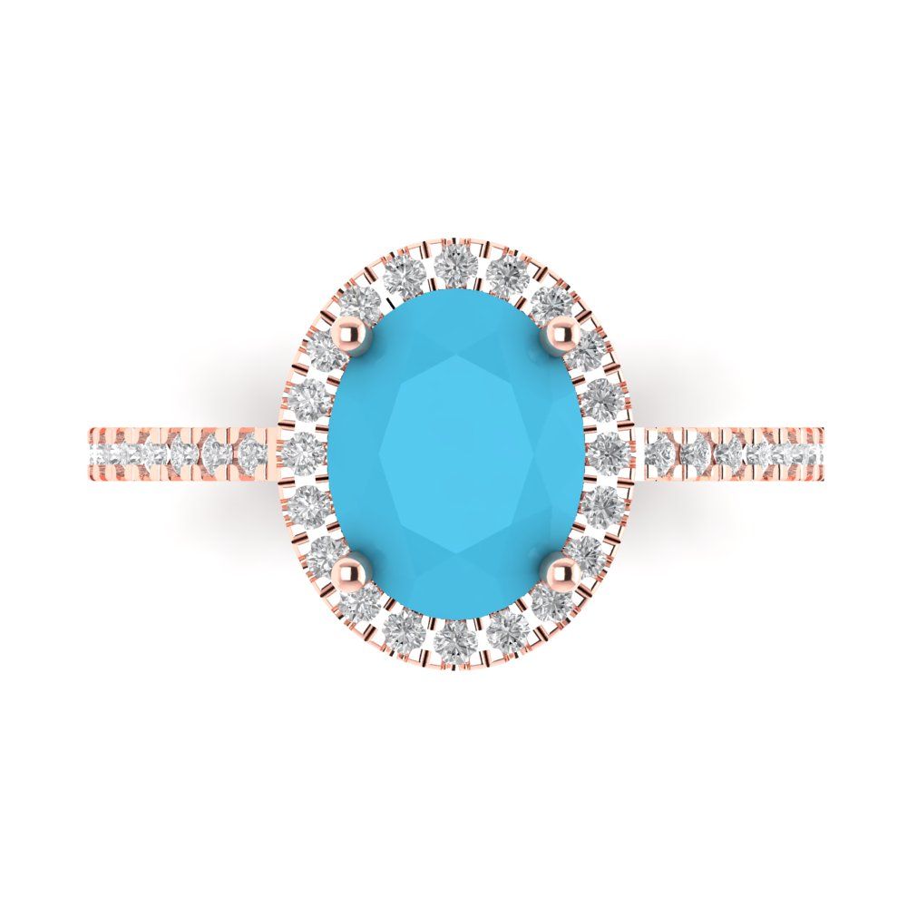 2.27 cttw Simulated Turquoise Solitaire with Zirconia Simulated Diamond Accents Engagement Ring - Solid Gold (Oval Cut,9X7mm)