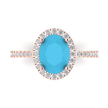 2.27 cttw Simulated Turquoise Solitaire with Zirconia Simulated Diamond Accents Engagement Ring - Solid Gold (Oval Cut,9X7mm)