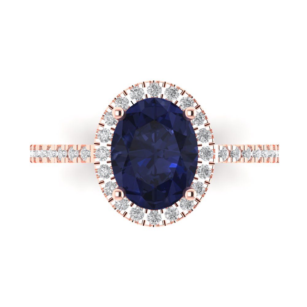2.27 cttw Simulated Blue Sapphire Solitaire with Zirconia Simulated Diamond Accents Engagement Ring - Solid Gold (Oval Cut,9X7mm)