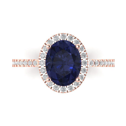 2.27 cttw Simulated Blue Sapphire Solitaire with Zirconia Simulated Diamond Accents Engagement Ring - Solid Gold (Oval Cut,9X7mm)