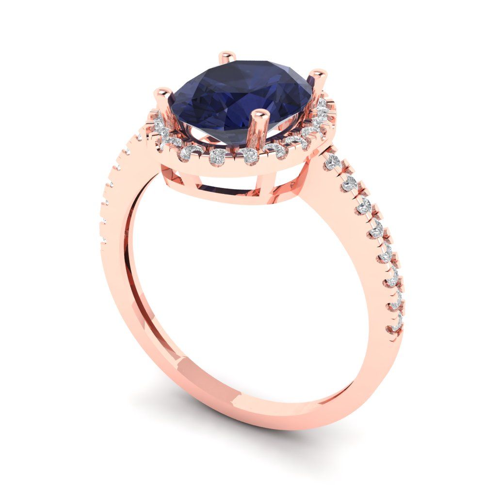 2.27 cttw Simulated Blue Sapphire Solitaire with Zirconia Simulated Diamond Accents Engagement Ring - Solid Gold (Oval Cut,9X7mm)