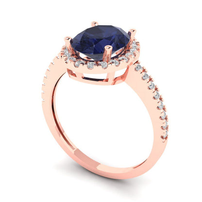 2.27 cttw Simulated Blue Sapphire Solitaire with Zirconia Simulated Diamond Accents Engagement Ring - Solid Gold (Oval Cut,9X7mm)
