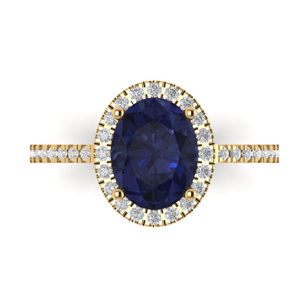 2.27 cttw Simulated Blue Sapphire Solitaire with Zirconia Simulated Diamond Accents Engagement Ring - Solid Gold (Oval Cut,9X7mm)