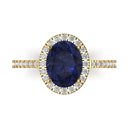2.27 cttw Simulated Blue Sapphire Solitaire with Zirconia Simulated Diamond Accents Engagement Ring - Solid Gold (Oval Cut,9X7mm)