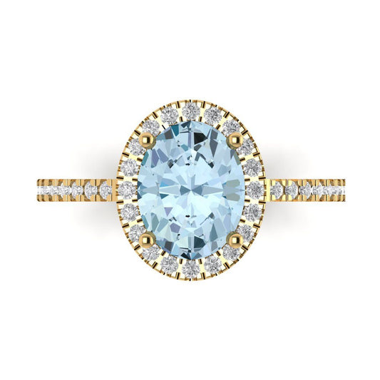 2.27 cttw Natural Aquamarine Solitaire with Zirconia Simulated Diamond Accents Engagement Ring - Solid Yellow Gold (VVS1, Oval Cut,9X7mm)