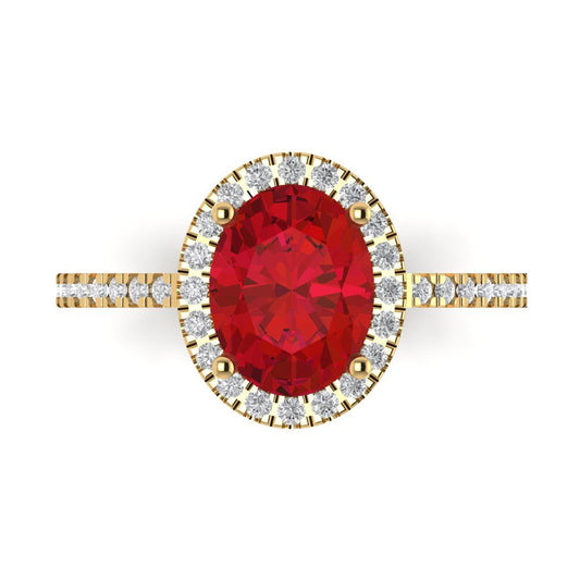 2.27 cttw Simulated Ruby Solitaire with Zirconia Simulated Diamond Accents Engagement Ring - Solid Yellow Gold (VVS1, Oval Cut,9X7mm)