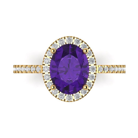 2.27 cttw Natural Amethyst Solitaire with Zirconia Simulated Diamond Accents Engagement Ring - Solid Yellow Gold (VVS1, Oval Cut,9X7mm)