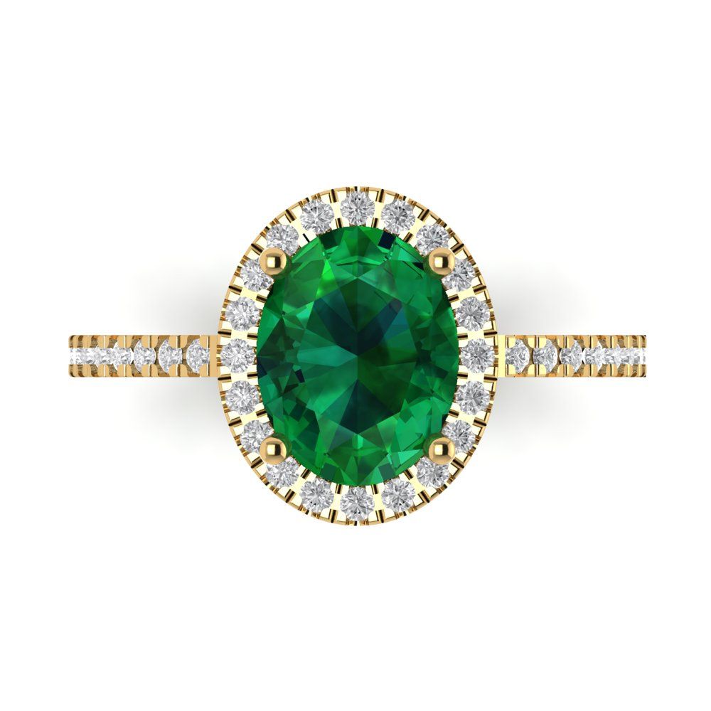 2.27 cttw Simulated Emerald Solitaire with Zirconia Simulated Diamond Accents Engagement Ring - Solid Gold (Oval Cut,9X7mm)