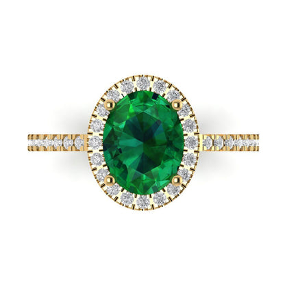 2.27 cttw Simulated Emerald Solitaire with Zirconia Simulated Diamond Accents Engagement Ring - Solid Gold (Oval Cut,9X7mm)