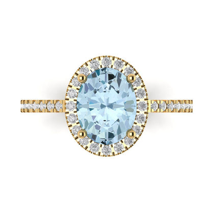 2.27 cttw Natural Swiss Blue Topaz Solitaire with Zirconia Simulated Diamond Accents Engagement Ring - Solid Gold (Oval Cut,9X7mm)