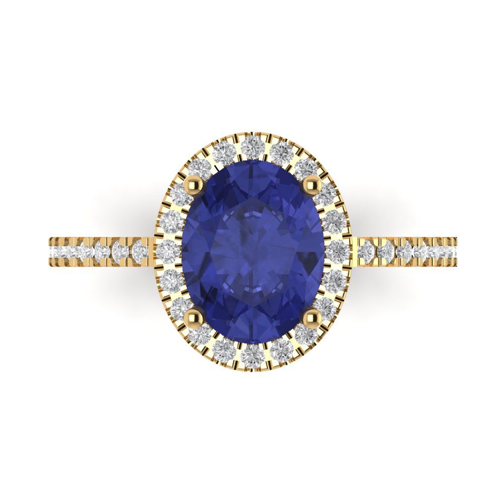 2.27 cttw Simulated Tanzanite Solitaire with Zirconia Simulated Diamond Accents Engagement Ring - Solid Gold (Oval Cut,9X7mm)