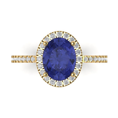 2.27 cttw Simulated Tanzanite Solitaire with Zirconia Simulated Diamond Accents Engagement Ring - Solid Gold (Oval Cut,9X7mm)