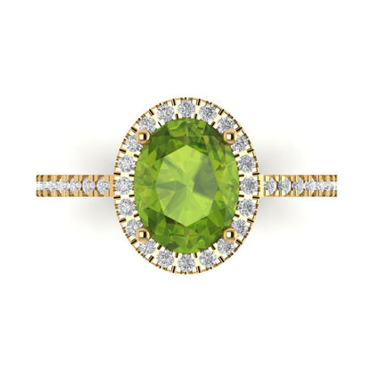 2.27 cttw Natural Peridot Solitaire with Zirconia Simulated Diamond Accents Engagement Ring - Solid Gold (Oval Cut,9X7mm)