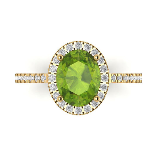 2.27 cttw Natural Peridot Solitaire with Zirconia Simulated Diamond Accents Engagement Ring - Solid Yellow Gold (VVS1, Oval Cut,9X7mm)