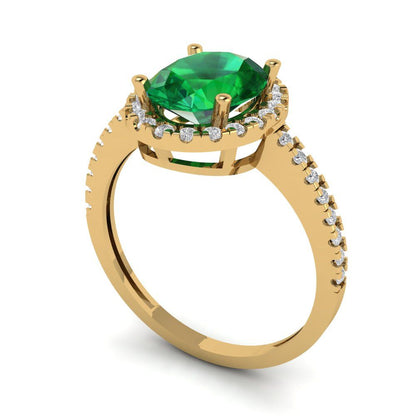 2.27 cttw Simulated Emerald Solitaire with Zirconia Simulated Diamond Accents Engagement Ring - Solid Gold (Oval Cut,9X7mm)